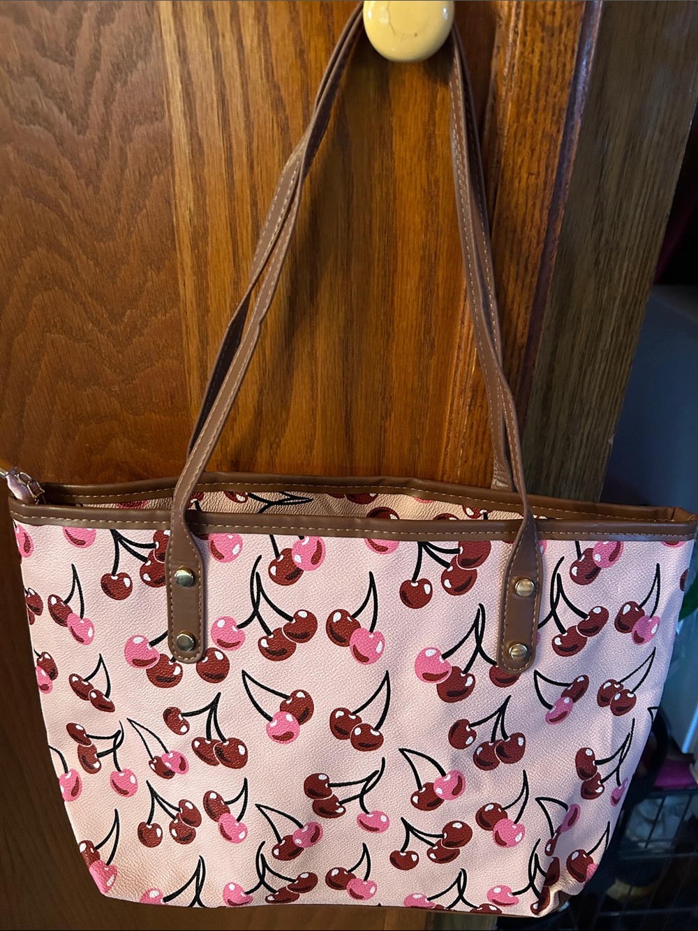 Pink Cherry-Print Tote with Brown Handles